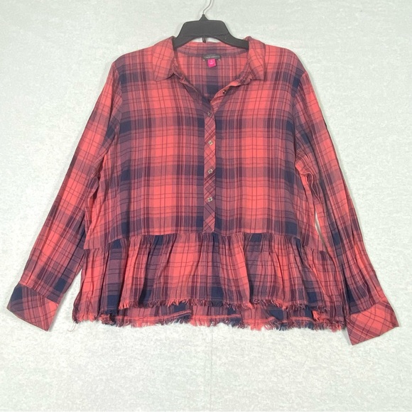 Vince Camuto Tops - Vince Camuto Plaid Peplum Blouse Women's M Red Blue Frayed Hem Long Sleeve Flowy